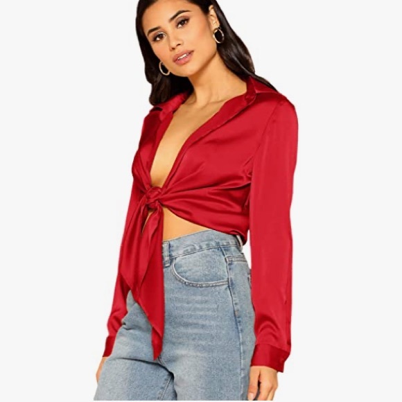 NWOT🍀Women's Long Sleeve Self Tie Knot Front Top Blouse Shirt - Picture 12 of 13